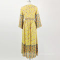 2020 Printed High Waist Dress Long Sleeve Yellow Boho Dresses For Women